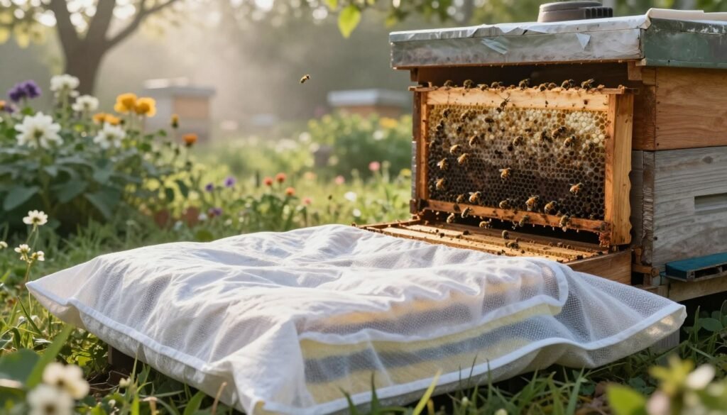 A serene beekeeping scene focusing on a detailed moisture quilt designed for a beehive. In the foreground, a moisture quilt lies open, showcasing its layered construction with absorbent materials and a breathable cover. The middle ground features a rustic wooden beehive, partially open to reveal the inner workings, with bees actively moving around. In the background, a lush garden setting with blooming flowers and greenery enhances the natural atmosphere. Soft, diffused sunlight streams through the trees, casting gentle shadows, while a slight morning mist adds an ethereal quality. The mood is calm and instructional, emphasizing the importance of moisture control in beekeeping. A shallow depth of field highlights the quilt and beehive, ensuring clarity and focus on the troubleshooting aspects.
