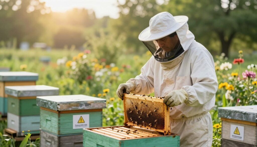 A serene beekeeping scene focusing on safety precautions. In the foreground, a beekeeper wearing a full protective suit and veil stands confidently, carefully inspecting a honeycomb frame. The beekeeper is engaged and focused, showcasing meticulous attention to detail. In the middle, a beekeeping setup with several hives, surrounded by vibrant green foliage and blooming flowers, adds depth to the scene. The hives have clear safety signage indicating the use of formic acid treatment, emphasizing the importance of safety in beekeeping. In the background, a soft, warm sunlight filters through the trees, creating a calm and reassuring atmosphere. The image captures the essence of professionalism and safety in beekeeping, with a gentle focus and a well-balanced composition.