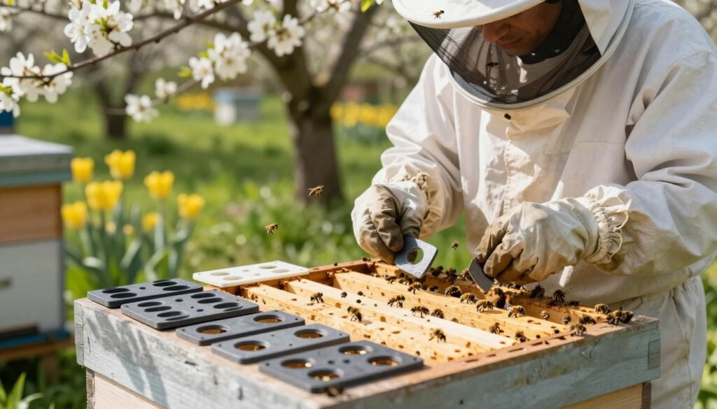A serene beekeeping scene in a sunlit garden during late spring, focusing on a variety of hive shims arranged artfully on a wooden table in the foreground. In the middle ground, a close-up view of a beekeeper, dressed in a white protective suit with a veil, carefully inspecting a hive box while holding a shim. Bees are buzzing around, highlighting the active, seasonal atmosphere. In the background, blooming flowers and vibrant green foliage create a lush setting, further emphasizing the seasonal theme. Soft natural light filters through the leaves, casting gentle shadows and illuminating the details of the shims and the beekeeper's concentration, evoking a mood of tranquility and careful stewardship of the bees.