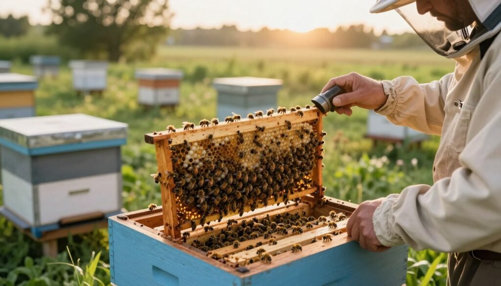 A serene beekeeping scene in a well-maintained apiary during early morning light, representing the theme of monitoring a new queen bee. In the foreground, a beekeeper in modest attire gently opens a hive with a smoker nearby, showcasing a close-up of the vibrant activity around the frames. The middle ground reveals a cluster of bees buzzing around the queen, distinctively marked for easy identification, with worker bees engaged in feeding and grooming. The background features lush greenery and distant hives under soft, golden sunlight, creating a tranquil atmosphere. The angle is slightly elevated, capturing both the hive's details and the beekeepers’ attentive expressions, conveying a sense of focus and dedication to hive health. The overall mood is calm and hopeful, emphasizing the connection between the beekeeper and the bees.