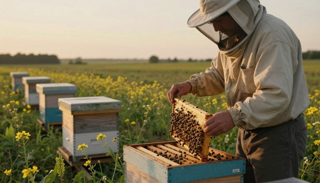 A serene beekeeping scene set during a dearth period, featuring a beekeeper in modest casual clothing inspecting a beehive in an open field. In the foreground, the beekeeper holds a frame with bees busy at work, showcasing the delicate balance of activity. The middle ground features several hives, surrounded by flowering plants struggling to bloom, reflecting the scarcity of resources. In the background, a soft, golden-lit sky signifies the warm tones of late afternoon, casting gentle shadows over the landscape. The atmosphere is calm and contemplative, emphasizing the challenges faced during dearth while conveying hope for successful requeening. The overall mood blends tranquility with the urgency of sustaining bee populations in challenging conditions.