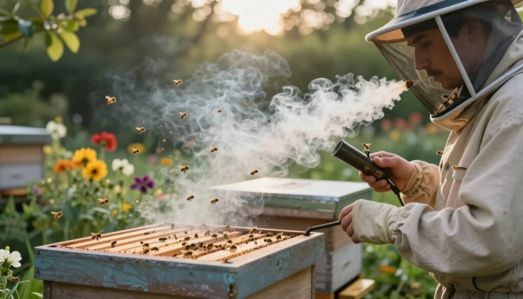 A serene beekeeping scene set in a lush garden during late afternoon, soft sunlight filtering through the trees. In the foreground, a beekeeper in light-colored protective clothing gently puffs smoke from a traditional smoker, the wispy, silvery tendrils billowing upwards, enveloping a nearby hive. The middle ground features a close-up of the hive, bees flying calmly, their movements slow and less aggressive due to the smoke. In the background, vibrant flowers bloom, adding color and life to the setting. The mood is tranquil and harmonious, evoking a sense of calm as the smoke creates a gentle atmosphere, reducing tension among the bees. The perspective is slightly angled, capturing both the beekeeper’s focused expression and the soothing effect of the smoke.