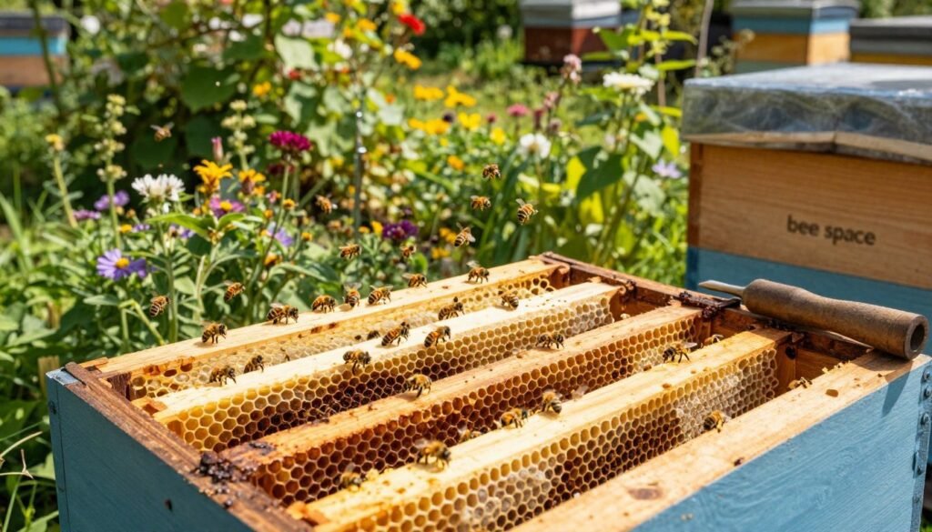 A serene beekeeping scene showcasing a "bee space" within a wooden hive, focusing on the intricate details of assembled and unassembled frames. In the foreground, neatly arranged and clearly defined hexagonal frames filled with honeycomb, some partially assembled, highlighting beekeeping tools like a smoker and hive tool. The middle features a well-maintained garden buzzing with bees, capturing their lively movement as they pollinate nearby flowers, adding a sense of activity to the scene. In the background, it's a sunny day with soft, diffused sunlight filtering through the leaves, casting gentle shadows. The atmosphere is warm and inviting, evoking a sense of joy and harmony in nature. Use a wide-angle lens to capture the spaciousness and vibrancy of the environment. A serene beekeeping scene showcasing a "bee space" within a wooden hive, focusing on the intricate details of assembled and unassembled frames. In the foreground, neatly arranged and clearly defined hexagonal frames filled with honeycomb, some partially assembled, highlighting beekeeping tools like a smoker and hive tool. The middle features a well-maintained garden buzzing with bees, capturing their lively movement as they pollinate nearby flowers, adding a sense of activity to the scene. In the background, it's a sunny day with soft, diffused sunlight filtering through the leaves, casting gentle shadows. The atmosphere is warm and inviting, evoking a sense of joy and harmony in nature. Use a wide-angle lens to capture the spaciousness and vibrancy of the environment.