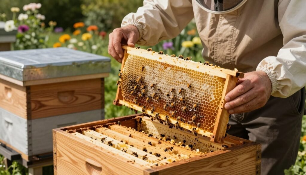 A serene beekeeping scene showcasing a beekeeper in professional attire carefully managing frames in a wooden bee hive. In the foreground, focus on the beekeeper's hands as they gently lift a frame filled with honeycomb, glistening under soft, natural sunlight. The middle ground features the hive, intricately designed with detailed wood grain, and several frames showcasing vibrant honeycomb structures populated by bees. The background reveals a lush garden with blooming flowers and greenery, creating a harmonious setting. The lighting should be warm and inviting, with soft shadows enhancing the depth. Capture a calm and focused atmosphere, emphasizing the importance of resource management in bee care.