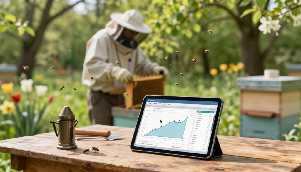 A serene beekeeping scene showcasing digital logs in action. In the foreground, a tablet displays a detailed digital log with graphs and data related to Varroa treatment, sitting on a rustic wooden table surrounded by beekeeping tools like a smoker and hive tool. The middle ground features a beekeeper in modest casual clothing, carefully inspecting a hive as bees buzz around. In the background, lush green trees and blooming flowers create a vibrant, lively atmosphere. Soft, natural sunlight filters through the leaves, casting gentle shadows. The image conveys a sense of organization and technology blending harmoniously with nature, emphasizing modern beekeeping practices. A serene beekeeping scene showcasing digital logs in action. In the foreground, a tablet displays a detailed digital log with graphs and data related to Varroa treatment, sitting on a rustic wooden table surrounded by beekeeping tools like a smoker and hive tool. The middle ground features a beekeeper in modest casual clothing, carefully inspecting a hive as bees buzz around. In the background, lush green trees and blooming flowers create a vibrant, lively atmosphere. Soft, natural sunlight filters through the leaves, casting gentle shadows. The image conveys a sense of organization and technology blending harmoniously with nature, emphasizing modern beekeeping practices.