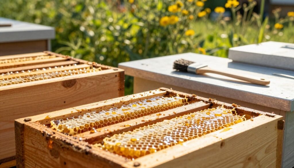 A serene beekeeping scene showcasing honey supers with drawn comb carefully stacked in a well-organized storage area. In the foreground, focus on the wooden honey supers, with glistening honeycomb frames visible inside, reflecting the warm golden hues of the honey. In the middle-ground, illustrate a clean and tidy workspace, including tools like a bee brush and hive tool placed neatly beside the supers. The background features a soft-focus view of lush green foliage and bright wildflowers, indicating a vibrant beekeeping environment. The lighting is natural and warm, simulating a late afternoon sun, casting gentle shadows that add depth. The mood is calm and industrious, capturing the essence of beekeeping during the harvest season.