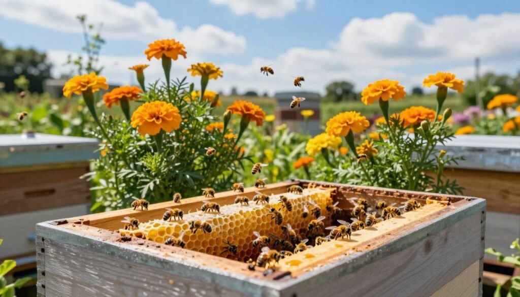 A serene beekeeping scene showcasing long-term prevention strategies against wax moths. In the foreground, a well-maintained beehive with a translucent view, revealing healthy bee colonies bustling inside. The middle ground features an array of natural deterrents such as marigolds and other companion plants, thoughtfully arranged to promote a pest-free environment. Bees are visible foraging and pollinating among the flowers, illustrating harmony in nature. The background displays a bright blue sky with gentle white clouds, hinting at a warm, sunny day. Soft, diffused sunlight highlights the vivid colors of the plants and the golden hues of the honeycombs, creating an inviting atmosphere. The angle is slightly elevated, capturing the depth of the hive and surrounding garden, emphasizing the importance of sustainable practices in beekeeping. A serene beekeeping scene showcasing long-term prevention strategies against wax moths. In the foreground, a well-maintained beehive with a translucent view, revealing healthy bee colonies bustling inside. The middle ground features an array of natural deterrents such as marigolds and other companion plants, thoughtfully arranged to promote a pest-free environment. Bees are visible foraging and pollinating among the flowers, illustrating harmony in nature. The background displays a bright blue sky with gentle white clouds, hinting at a warm, sunny day. Soft, diffused sunlight highlights the vivid colors of the plants and the golden hues of the honeycombs, creating an inviting atmosphere. The angle is slightly elevated, capturing the depth of the hive and surrounding garden, emphasizing the importance of sustainable practices in beekeeping.