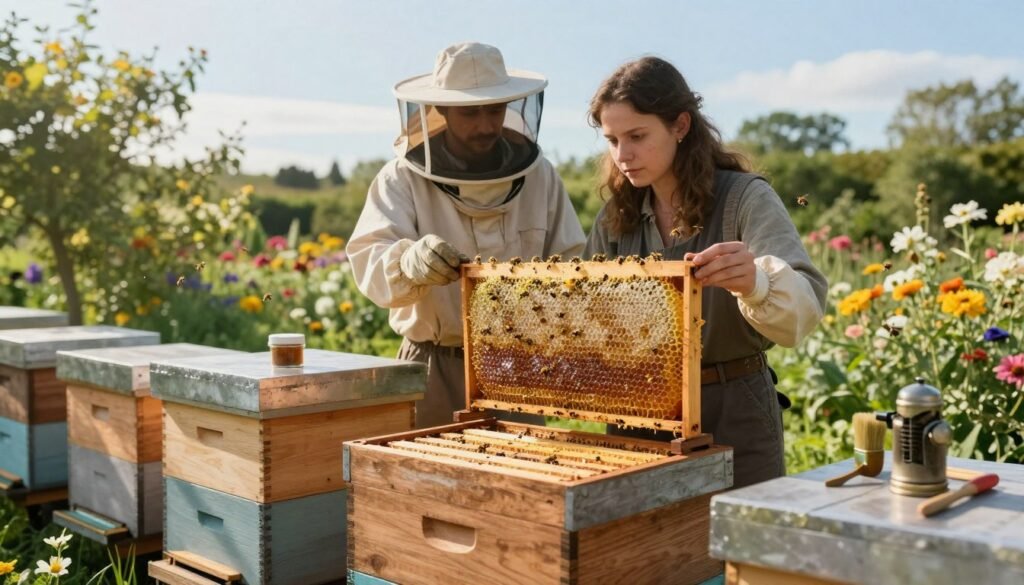A serene beekeeping scene showcasing seasonal equipment for storing supers with drawn comb. In the foreground, a wooden hive with several supers stacked, some showing drawn comb filled with honey, glinting under soft morning light. In the middle, a beekeeper in modest casual attire examines the supers, a look of concentration on their face, surrounded by tools like a hive tool, smoker, and bee brush. The background features a vibrant garden filled with blooming flowers, attracting bees, under a clear blue sky. The lighting is warm and inviting, creating a calm, productive atmosphere that reflects the careful consideration beekeepers must have during seasonal changes.