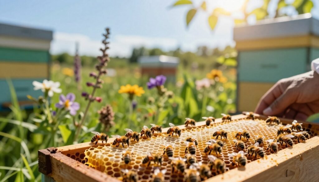 A serene beekeeping scene showcasing the essential conditions for comb building by bees. In the foreground, a close-up of a beehive with bees actively working on straight, well-formed honeycomb. The middle layer features a variety of flowers and plants providing nectar, surrounded by lush greenery, promoting a rich environment for the bees. In the background, a clear blue sky and gentle sunlight filter through leaves, casting warm, inviting light over the scene. Use a shallow depth of field to highlight the bees and comb while softly blurring the background. Capture a peaceful, productive atmosphere, emphasizing the harmony between nature and beekeeping, with the focus firmly on the diligent bees building their straight comb. The image should be vibrant and full of life, illustrating the ideal conditions for comb building.