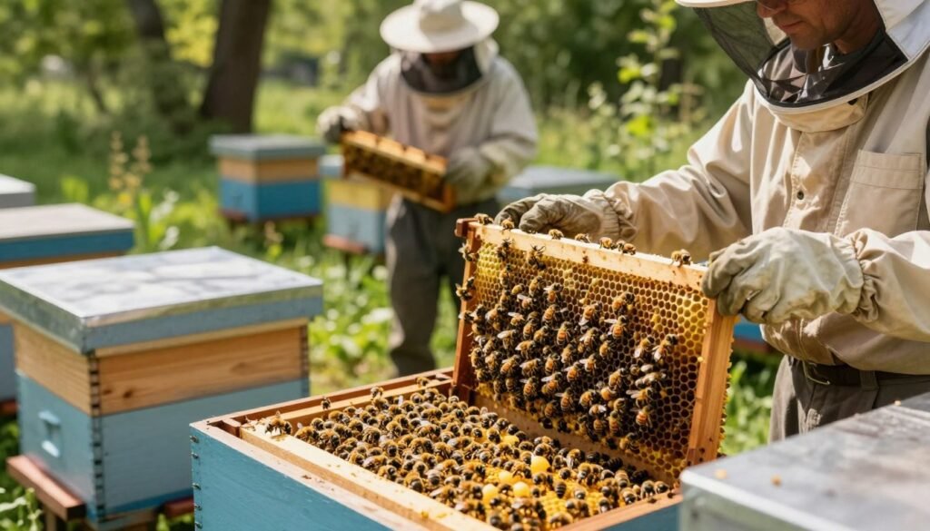 A serene beekeeping scene with a focus on a well-maintained apiary in the foreground, featuring vibrant, healthy honeybee colonies in wooden hives. The bees are busily working, collecting pollen and nectar. In the middle ground, a beekeeper in modest casual clothing observes the hives, examining frames with care and attention, embodying a spirit of proactive stewardship. In the background, lush green flora surrounds the apiary, symbolizing a thriving ecosystem. Soft, warm sunlight filters through the trees, casting gentle shadows, creating an atmosphere of hope and diligence. The angle is slightly elevated, capturing both the beekeeper's engaging actions and the harmonious surroundings, illustrating the importance of sustainable practices in beekeeping.