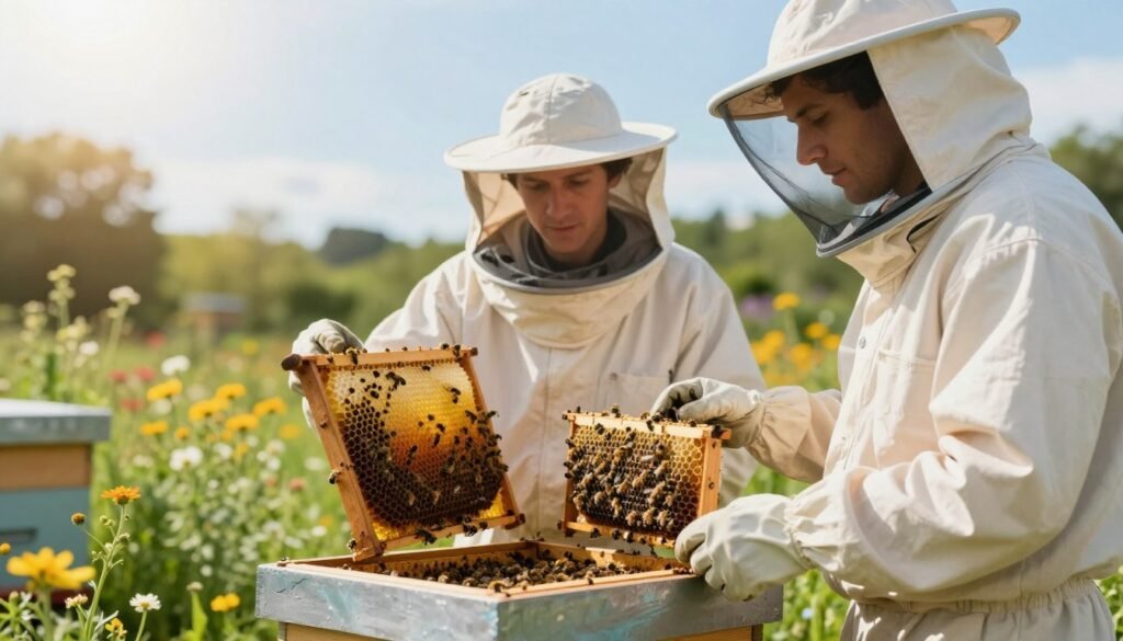 A serene beekeeping setting, featuring two individuals wearing professional beekeeping suits and gloves, thoughtfully examining two distinct options: a packaged bee colony on one side and a nuc hive on the other. In the foreground, the individuals are engaged in discussion, with clear focus on the bees and their respective hive setups. The middle ground showcases a lush garden teeming with wildflowers, providing a vibrant backdrop essential for pollinators. In the background, a bright blue sky filters soft sunlight, casting a warm glow over the scene. The mood is one of curiosity and determination, as they contemplate their beekeeping goals. Use a shallow depth of field to emphasize the beekeepers and their options, creating a friendly and inviting atmosphere.