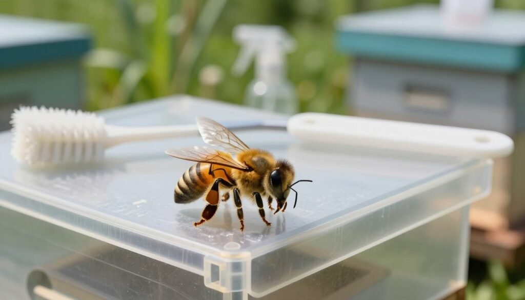 A serene close-up image of a queen bee in a clean, sanitized queen cage, showcasing the delicate details of her golden body and intricate wings. The foreground features the queen bee prominently, with the cage designed in a transparent, lightweight material that highlights the bee's importance in the colony. In the middle, subtle reflections of sanitized tools, such as a cleaning brush and a spray bottle, hint at the biosecurity measures taken in beekeeping. In the background, a blurred hive and lush greenery create a harmonious, natural setting. Soft, diffused sunlight filters through, casting gentle shadows and providing a calm, efficient atmosphere, illustrating the balance between biosecurity and operational efficiency in beekeeping.