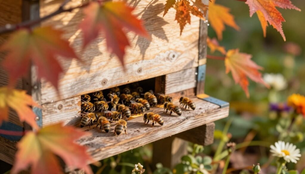 A serene close-up of a seasonal hive entrance, intricately detailed with bees actively entering and exiting, showcasing a blend of autumn foliage surrounding the hive. The foreground captures the textured wood of the hive's entrance reducer, enhanced by soft golden sunlight filtering through the leaves, casting gentle shadows. In the middle ground, a gentle blur of colorful leaves in rich reds, oranges, and yellows subtly indicates the seasonal change. The background features a lush garden with hints of fading flowers, creating a harmonious nature scene. The lighting is warm and inviting, creating a peaceful atmosphere that reflects the health and vitality of the hive during this seasonal transition. The angle is slightly elevated to emphasize the activity at the entrance without distraction.