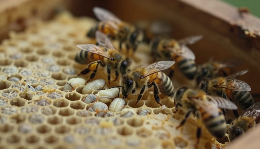 A serene close-up of chilled brood cells within a honeycomb, showcasing multiple drone larvae exhibiting signs of cold stress. The foreground features the intricate wax structure of the comb, with cells partially open to reveal pale, lethargic larvae. In the middle ground, the focus shifts to a few bees, appearing concerned, gently tending to the brood with delicate movements, their bodies partially blurred to emphasize their urgency. The background depicts a dimly lit beehive, with soft, diffused lighting casting a warm glow, creating an atmosphere of quiet concern. This image captures the subtle tension of a colony facing environmental challenges, emphasizing the delicate balance of nature within the hive.