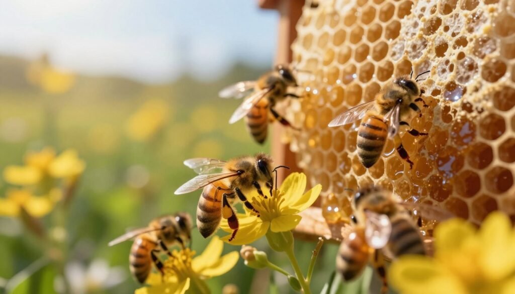 A serene close-up of honey bees actively working in a vibrant, blooming garden filled with wildflowers, emphasizing their role in the ecosystem. In the foreground, a few bees are seen collecting golden honey while perched on flowers, their delicate wings glistening in the sunlight. In the middle ground, a honeycomb structure is partially visible, glistening with fresh honey, showcasing the harmonious relationship between bees and their environment. The background features a sunny sky with a soft-focus view of lush greenery. The lighting is warm and inviting, creating a peaceful atmosphere that conveys safety and care for both bees and honey. The composition is shot with a slightly blurred depth of field to focus on the bees and honey, enhancing the sense of tranquility and safety in this natural setting.