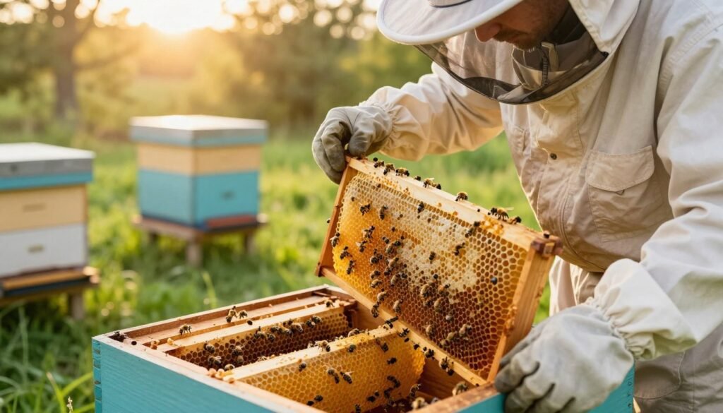 A serene, close-up view of a beekeeper carefully monitoring a vibrant hive, showcasing various honeycomb frames filled with golden honey and busy bees at work. In the foreground, the beekeeper, dressed in a professional bee suit and gloves, inspects a frame with focused attention, ensuring the health of the colony. The middle ground includes the hive stand, slightly elevated, with lush green grass surrounding it, indicating a well-kept apiary. In the background, soft golden light filters through trees, creating a tranquil atmosphere, suggesting a peaceful afternoon. The angle of the shot is slightly elevated, emphasizing both the hive and the caretaker's diligent observation, encapsulating the essence of nurturing and monitoring for long-term success. A serene, close-up view of a beekeeper carefully monitoring a vibrant hive, showcasing various honeycomb frames filled with golden honey and busy bees at work. In the foreground, the beekeeper, dressed in a professional bee suit and gloves, inspects a frame with focused attention, ensuring the health of the colony. The middle ground includes the hive stand, slightly elevated, with lush green grass surrounding it, indicating a well-kept apiary. In the background, soft golden light filters through trees, creating a tranquil atmosphere, suggesting a peaceful afternoon. The angle of the shot is slightly elevated, emphasizing both the hive and the caretaker's diligent observation, encapsulating the essence of nurturing and monitoring for long-term success.