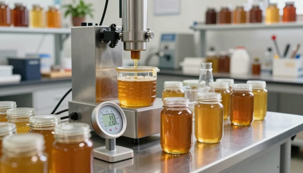 A serene, clutter-free laboratory setting focused on the meticulous process of honey bottling. In the foreground, a sleek, digital thermometer displays an ideal temperature reading, surrounded by glass honey jars filled with golden honey, glistening under soft, diffused lighting. In the middle, a stainless-steel workstation with honey extraction equipment, all spotless and organized, highlighting best practices. The background features shelves lined with jars, plants, and beekeeping tools, creating a warm and inviting atmosphere. The overall mood is professional yet calming, suggesting precision and care in the honey bottling process, with a focus on temperature control for quality. The image is shot from a slightly elevated angle to capture the entire scene beautifully.