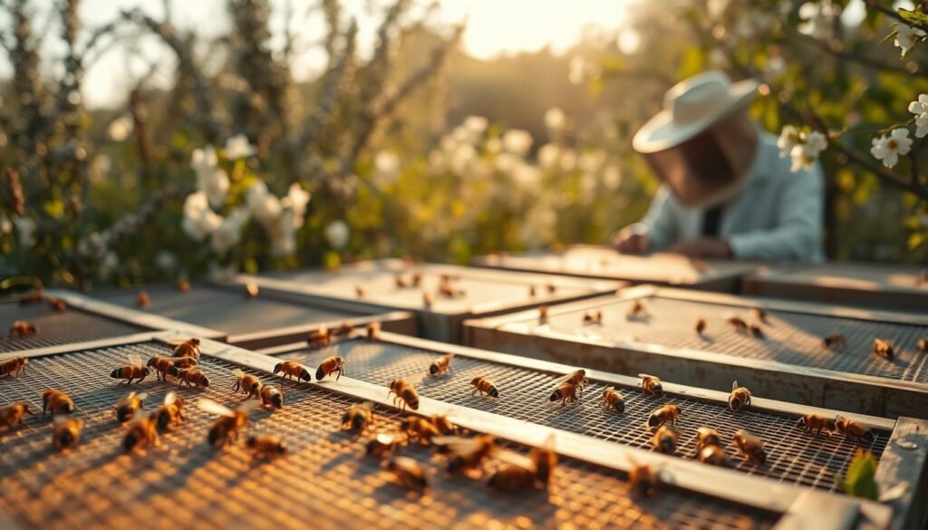 A serene countryside scene depicting a vibrant apiary in spring, where bees buzz actively around carefully arranged hive screens. In the foreground, close-up details show bees interacting with the perforated screens, highlighting their intricate patterns and the way light filters through. In the middle ground, a beekeeper, dressed in professional attire, examines the screens, looking contemplative yet focused, ensuring optimal conditions for the struggling colonies. The background features blooming flowers and green foliage under a soft, golden-hour sunlight, casting warm tones throughout the composition. A gentle breeze rustles the leaves, creating a peaceful atmosphere that emphasizes the seasonal importance of screen usage for bee colonies. Utilize a shallow depth of field to keep attention on the foreground while gently blurring the background elements.