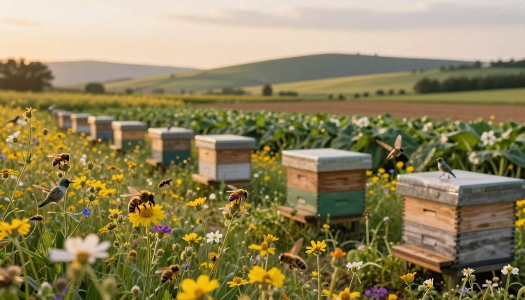 A serene farm landscape during golden hour, showcasing a vibrant field blooming with wildflowers and strategically placed beehives in the foreground. Bees and other pollinators, such as butterflies and hummingbirds, are actively foraging among the flowers, symbolizing successful pollination practices. In the middle ground, diverse agricultural crops flourish, highlighting the relationship between pollinators and farm production. In the background, gentle rolling hills under a warm sky add depth to the setting. Soft, diffused lighting enhances the mood of collaboration and harmony in nature, with a focus on the intricate details of the insects and flowers. Capture this scene from a slightly elevated angle to convey the interconnectedness of the ecosystem and agricultural efficiency. A serene farm landscape during golden hour, showcasing a vibrant field blooming with wildflowers and strategically placed beehives in the foreground. Bees and other pollinators, such as butterflies and hummingbirds, are actively foraging among the flowers, symbolizing successful pollination practices. In the middle ground, diverse agricultural crops flourish, highlighting the relationship between pollinators and farm production. In the background, gentle rolling hills under a warm sky add depth to the setting. Soft, diffused lighting enhances the mood of collaboration and harmony in nature, with a focus on the intricate details of the insects and flowers. Capture this scene from a slightly elevated angle to convey the interconnectedness of the ecosystem and agricultural efficiency.
