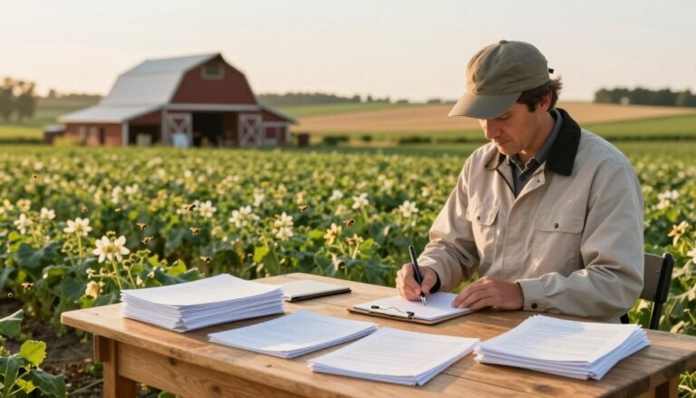 A serene farm landscape during the golden hour, showcasing a well-organized record-keeping setup on a wooden table in the