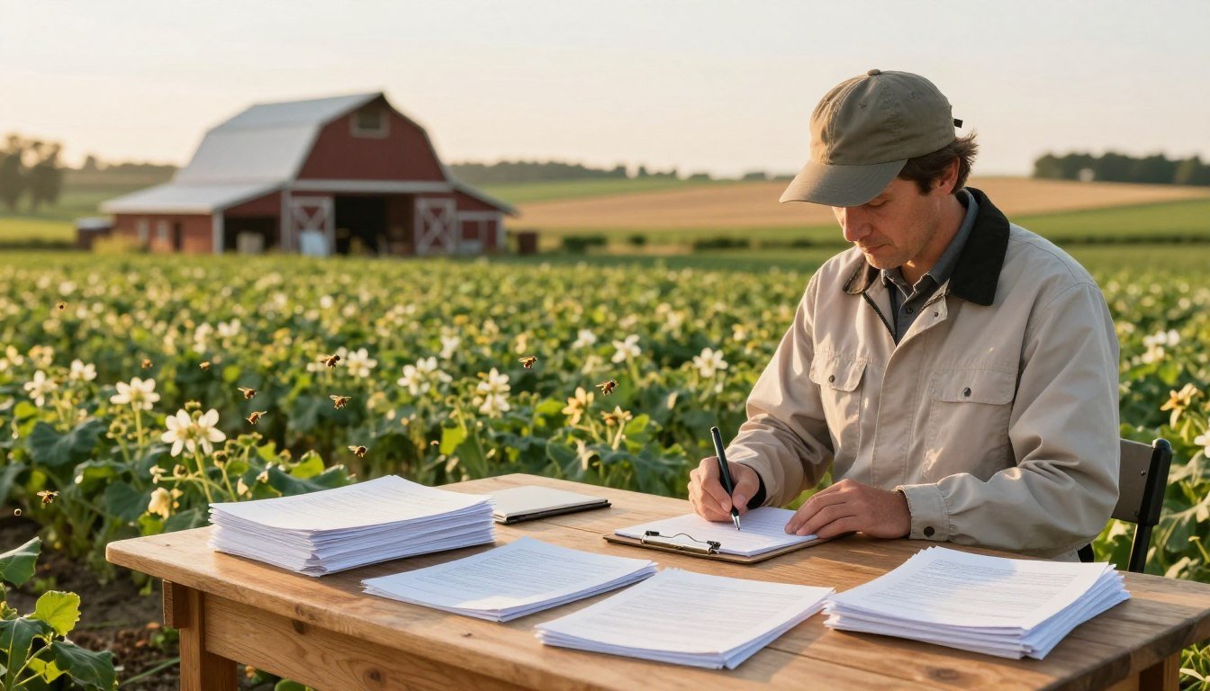 A serene farm landscape during the golden hour, showcasing a well-organized record-keeping setup on a wooden table in the