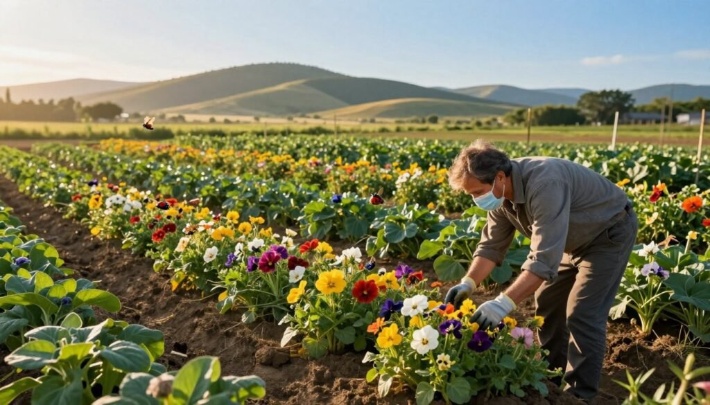 A serene farming landscape at dawn, depicting best practices for minimizing pesticide exposure. In the foreground, a farmer in modest casual clothing is inspecting healthy, vibrant flowers and plants, wearing protective gloves and a mask. The middle ground showcases rows of organic crops flourishing under natural sunlight, with beneficial insects like ladybugs and butterflies actively engaged in pollination. In the background, soft rolling hills contrast with a clear blue sky, symbolizing a chemical-free environment. The scene has warm, inviting lighting, creating a peaceful atmosphere that emphasizes harmony between agriculture and nature. The angle is slightly elevated, providing a comprehensive view of the integrated farming practices and biodiversity at play.