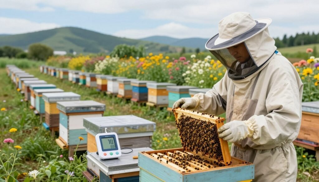 A serene, flourishing apiary scene showcasing diverse beehives arranged in neat rows. In the foreground, a beekeeper dressed in professional, modest protective gear carefully examines a frame teeming with healthy bees under soft, natural lighting. The middle ground features a variety of lush flowers and vegetation, emphasizing the importance of surrounding biodiversity in apiary health. In the background, rolling hills and a clear blue sky add depth, creating a tranquil atmosphere. The image captures the essence of long-term monitoring, with tools like a digital health monitor resting on a nearby table, symbolizing technology aiding sustainable beekeeping. The overall mood is one of diligence and care, highlighting the harmony between nature and beekeeping practices. A serene, flourishing apiary scene showcasing diverse beehives arranged in neat rows. In the foreground, a beekeeper dressed in professional, modest protective gear carefully examines a frame teeming with healthy bees under soft, natural lighting. The middle ground features a variety of lush flowers and vegetation, emphasizing the importance of surrounding biodiversity in apiary health. In the background, rolling hills and a clear blue sky add depth, creating a tranquil atmosphere. The image captures the essence of long-term monitoring, with tools like a digital health monitor resting on a nearby table, symbolizing technology aiding sustainable beekeeping. The overall mood is one of diligence and care, highlighting the harmony between nature and beekeeping practices.