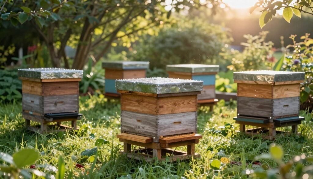 A serene garden scene deeply focused on moisture control hive stands designed for beekeeping. In the foreground, several sturdy wooden hive stands are elegantly arranged, showcasing a moisture-resistant base with meticulous craftsmanship. The stands are slightly elevated, surrounded by lush greenery and soft, dew-kissed grass, enhancing the moisture theme. In the middle, the hives on the stands display a variety of colors, complementing the natural surroundings. The background reveals a gentle sunlight filtering through leaves, creating dappled light patterns on the ground. The atmosphere is tranquil, emphasizing harmony with nature and environmental sustainability. Capture this scene using a wide-angle lens to accentuate depth, with soft, warm lighting that evokes a welcoming and peaceful mood.
