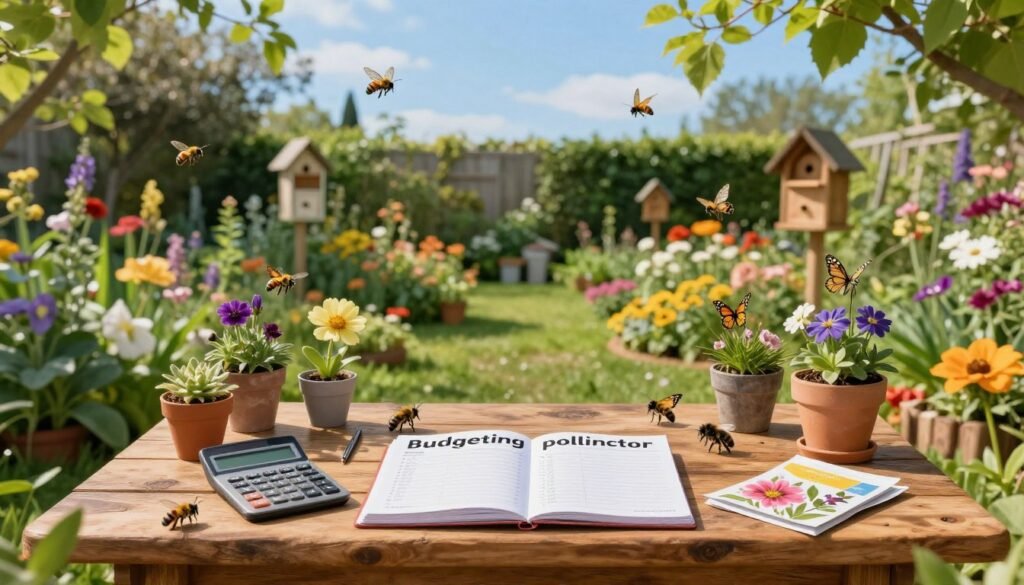 A serene garden scene depicting a "budgeting pollinator" concept. In the foreground, a beautifully designed wooden table covered with budgeting tools like a calculator, notebooks, and flower seed packets, along with small pots of flowering plants, attracting a variety of colorful pollinators, such as bees and butterflies. The middle ground features a lush, vibrant garden with blooming flowers and strategically placed bee hotels, creating a thriving ecosystem. In the background, a clear blue sky with gentle sunlight filtering through leaves, casting soft shadows, enhancing the tranquility of the scene. The atmosphere is calm and hopeful, suggesting a sense of planning and commitment to long-term pollinator success. Utilize a wide-angle lens perspective to capture the depth of the garden. A serene garden scene depicting a "budgeting pollinator" concept. In the foreground, a beautifully designed wooden table covered with budgeting tools like a calculator, notebooks, and flower seed packets, along with small pots of flowering plants, attracting a variety of colorful pollinators, such as bees and butterflies. The middle ground features a lush, vibrant garden with blooming flowers and strategically placed bee hotels, creating a thriving ecosystem. In the background, a clear blue sky with gentle sunlight filtering through leaves, casting soft shadows, enhancing the tranquility of the scene. The atmosphere is calm and hopeful, suggesting a sense of planning and commitment to long-term pollinator success. Utilize a wide-angle lens perspective to capture the depth of the garden.