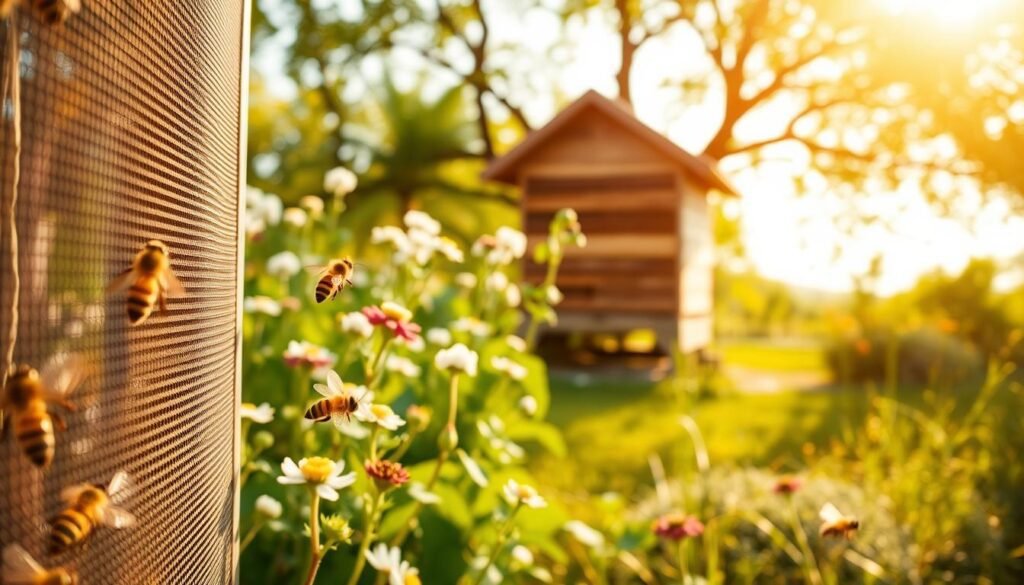 A serene garden scene featuring a protective entrance screen designed for bees. In the foreground, depict a close-up of an intricately designed bee screening system, showcasing fine mesh and durable material, with bees buzzing nearby. In the middle ground, include blooming flowers and vibrant greenery, fostering a safe habitat for bees. The background should reveal a soft-focus view of a hive nestled in a tree, emphasizing the natural environment. Use warm, golden lighting to create a hopeful atmosphere, reminiscent of a sunny day. Capture the image from a low angle to highlight the screen's details and its importance in protecting bee colonies, evoking a sense of care and urgency for bee conservation.