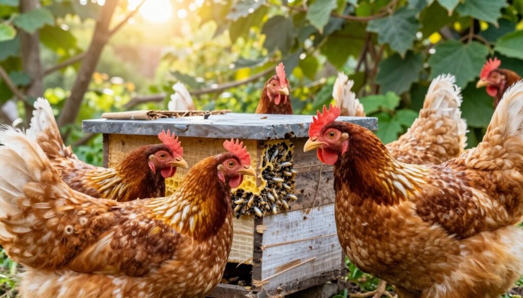 A serene garden scene featuring chickens actively pecking around a hive structure, with some chickens inspecting sections where wax moths have caused damage. In the foreground, a close-up view of the feathery bodies of the chickens shows details like their bright plumage and curious expressions. The middle ground depicts the hive with visible sections of plastic foundation, some infested with wax moth larvae, highlighting the issue of pest control. In the background, soft sunlight filters through leafy trees, creating a warm, inviting glow that emphasizes a peaceful coexistence in nature. The angle is slightly elevated, capturing both the chickens and the infested areas in a crisp focus, conveying a mood of urgency mixed with tranquility. The overall color palette is vibrant, with greens, yellows, and browns, enhancing the natural setting. A serene garden scene featuring chickens actively pecking around a hive structure, with some chickens inspecting sections where wax moths have caused damage. In the foreground, a close-up view of the feathery bodies of the chickens shows details like their bright plumage and curious expressions. The middle ground depicts the hive with visible sections of plastic foundation, some infested with wax moth larvae, highlighting the issue of pest control. In the background, soft sunlight filters through leafy trees, creating a warm, inviting glow that emphasizes a peaceful coexistence in nature. The angle is slightly elevated, capturing both the chickens and the infested areas in a crisp focus, conveying a mood of urgency mixed with tranquility. The overall color palette is vibrant, with greens, yellows, and browns, enhancing the natural setting.