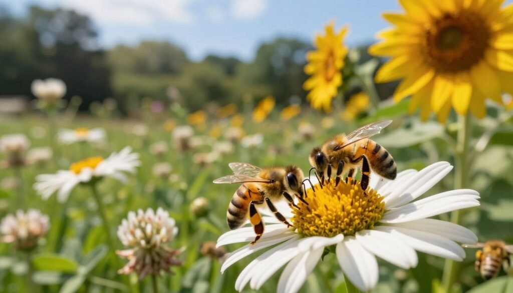 A serene garden scene in bright daylight, showcasing bees delicately feeding on vibrant flowers rich in natural pollen. In the foreground, a close-up of several bees actively collecting pollen, highlighting their intricate details and fuzzy bodies. The middle ground features a variety of blooming wildflowers—daisies, clovers, and sunflowers—creating a colorful and inviting landscape. In the background, a soft-focus of lush greenery and a sunlit blue sky adds depth and tranquility. The lighting is warm and natural, with soft shadows enhancing the lively atmosphere. Capture a sense of harmony in nature, emphasizing the importance of proper nutrition for bees in a vivid and engaging way.