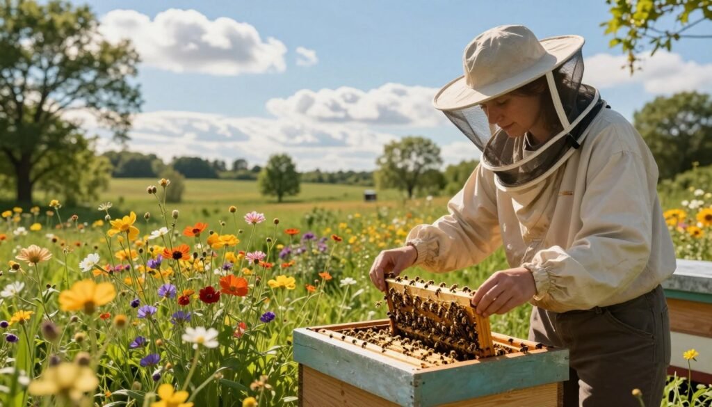 A serene garden scene portrays optimal weather for introducing a queen bee. In the foreground, a calm beekeeper in modest casual clothing gently handles a small hive, the sunlight glinting off the delicate bees surrounding her. In the middle ground, vibrant wildflowers bloom, their colors reflecting a bright, clear blue sky. Soft, fluffy clouds float overhead, creating a warm and inviting atmosphere. The background features a lush green field that stretches into the distance, framed by scattered trees waving gently in a light breeze. The lighting is golden and warm, suggesting midday, enhancing the cheerful and peaceful mood of the scene. The camera angle is slightly elevated, capturing the entire landscape and emphasizing the harmonious relationship between nature and beekeeping.