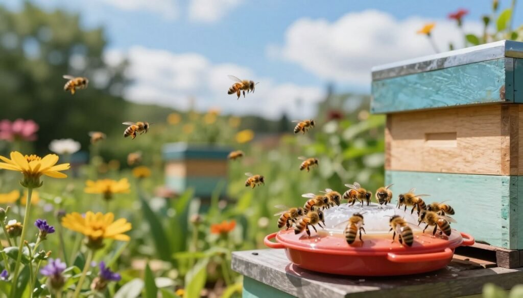 A serene garden scene showcasing supplemental feeding for bees. In the foreground, a well-maintained beehive surrounded by vibrant flowers. Busy honeybees are realistically depicted, actively feeding at a small, colorful feeder filled with sugar water. In the middle ground, a soft-focus view of lush green foliage, bees in motion collecting nectar, creating a sense of bustling life. The background features a bright blue sky with fluffy white clouds, enhancing the peaceful atmosphere. Natural sunlight illuminates the scene, casting soft shadows and highlighting the bees' delicate wings. The mood is tranquil and conducive to nurturing bee colonies, reflecting best practices for supplemental feeding. The image is captured from a slight low angle, providing an engaging perspective of the beehive and surrounding flora.