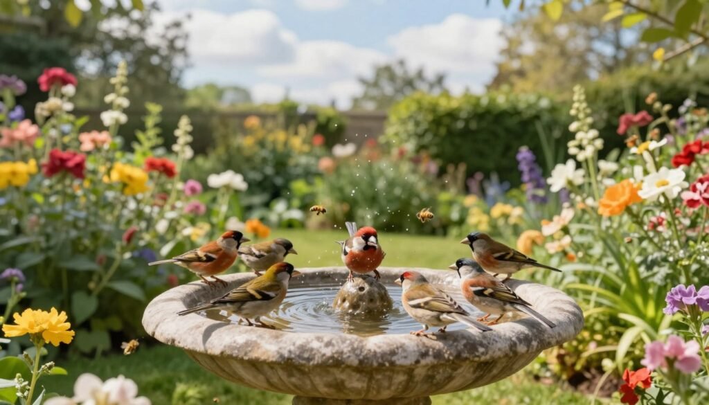 A serene garden setting featuring a bird bath as the focal point, surrounded by vibrant blooming flowers and lush green foliage. The bird bath is made of smoothly carved stone, shallow enough for birds to safely splash and drink. In the foreground, colorful birds like finches and sparrows are playfully interacting with the water. The middle ground includes diverse plants, with bees buzzing nearby, emphasizing a lively pollination atmosphere. The background subtly hints at a sunny sky with fluffy clouds, casting gentle dappled light on the scene. Capture the warm, inviting atmosphere with soft, natural lighting, and a slight depth of field to keep the focus on the bird bath and its lively inhabitants. Use a wide-angle shot to encompass the beauty of the garden.