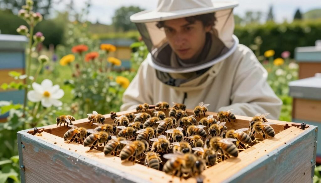 A serene garden setting where a new queen bee is being introduced to a busy hive. In the foreground, an open beehive reveals worker bees gently surrounding the newly introduced queen, highlighted under soft, natural sunlight. The bees are depicted in intricate detail, showcasing their golden bodies and delicate wings. In the middle ground, a beekeeper dressed in professional attire observes closely, wearing a protective veil but showing a focused expression of concern and curiosity. The background features lush greenery and blooming flowers, creating a vibrant and lively atmosphere. The image conveys a sense of harmony and anticipation, capturing the delicate balance of nature. The lighting is warm and inviting, evoking a feeling of patience and care in the beekeeping process.