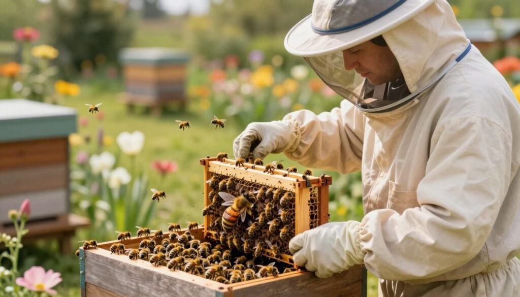 A serene hive setting illustrated in soft, natural lighting, focused on a beekeeper gently introducing a queen bee to a colony. In the foreground, the beekeeper, dressed in professional attire with a protective bee suit, carefully holds a queen cage containing a vibrant queen bee surrounded by worker bees. The middle ground features bustling worker bees observing the introduction, while the background showcases an inviting garden with blooming flowers and greenery, creating a peaceful and harmonious atmosphere. The angle is slightly low, highlighting the delicate interaction between the beekeeper and the bees, with a warm color palette to evoke a sense of care and professionalism in the queen integration process.