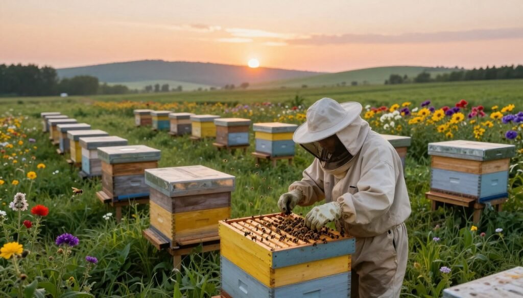 A serene hive settlement scene at dawn, showcasing several beehives organized in a lush, green meadow. In the foreground, a beekeeper in a light-colored protective suit inspects a vibrant hive, surrounded by gentle buzzing bees. The middle of the image features rows of hives, some with vibrant flowers blooming nearby, symbolizing a healthy ecosystem. In the background, rolling hills under a soft orange-pink sky indicate early morning light, creating a warm and inviting atmosphere. The lighting is soft and diffuse, highlighting the details of the bees and flowers. The perspective is slightly elevated, capturing both the beekeeping process and the flourishing nature that supports it. The overall mood is peaceful, reflecting the harmony between beekeeping and the surrounding environment. A serene hive settlement scene at dawn, showcasing several beehives organized in a lush, green meadow. In the foreground, a beekeeper in a light-colored protective suit inspects a vibrant hive, surrounded by gentle buzzing bees. The middle of the image features rows of hives, some with vibrant flowers blooming nearby, symbolizing a healthy ecosystem. In the background, rolling hills under a soft orange-pink sky indicate early morning light, creating a warm and inviting atmosphere. The lighting is soft and diffuse, highlighting the details of the bees and flowers. The perspective is slightly elevated, capturing both the beekeeping process and the flourishing nature that supports it. The overall mood is peaceful, reflecting the harmony between beekeeping and the surrounding environment.