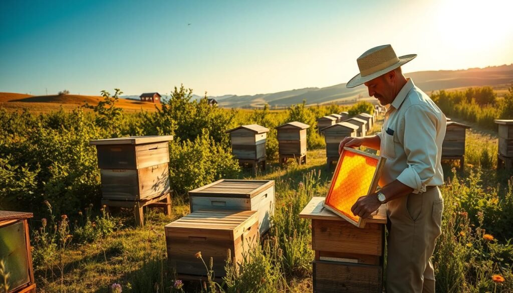 A serene honey harvesting scene set in a sunlit beehive yard during late afternoon. In the foreground, a skilled beekeeper, dressed in modest, casual attire, carefully extracts honey frames from a wooden hive, displaying golden, glistening honeycomb. The middle ground features several traditional beehives surrounded by lush green foliage and colorful wildflowers, with gentle bees buzzing around, adding a lively touch. In the background, soft, rolling hills and a clear blue sky enhance the peaceful rural atmosphere. Soft, warm lighting casts a golden hue over the scene, highlighting the vibrant colors and the gentle motion of the beekeeper. The overall mood is tranquil and productive, evoking the joy of successful honey harvesting. A serene honey harvesting scene set in a sunlit beehive yard during late afternoon. In the foreground, a skilled beekeeper, dressed in modest, casual attire, carefully extracts honey frames from a wooden hive, displaying golden, glistening honeycomb. The middle ground features several traditional beehives surrounded by lush green foliage and colorful wildflowers, with gentle bees buzzing around, adding a lively touch. In the background, soft, rolling hills and a clear blue sky enhance the peaceful rural atmosphere. Soft, warm lighting casts a golden hue over the scene, highlighting the vibrant colors and the gentle motion of the beekeeper. The overall mood is tranquil and productive, evoking the joy of successful honey harvesting.