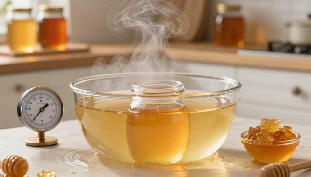 A serene honey water bath set in a cozy, well-lit kitchen, elegantly showcasing clear jars of honey submerged in warm water. In the foreground, a glass jar filled with golden honey, surrounded by soft ripples reflecting the light. The middle layer features a gentle steam rising from the water, creating a warm, inviting atmosphere. A temperature gauge and a small bowl of crystallized honey sit nearby, visually emphasizing the process of managing crystallization and decrystallization. In the background, a rustic wooden shelf holds more honey jars, adding to the homely vibe. The lighting is soft and diffused, capturing the golden hues of honey and creating a tranquil mood ideal for showcasing best practices in honey management.