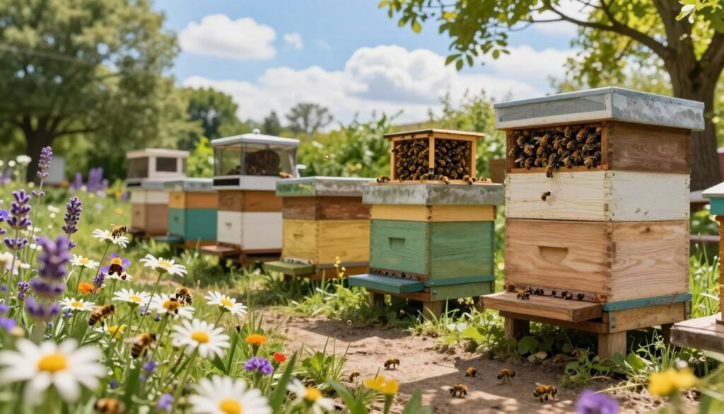 A serene hospital yard dedicated to beekeeping, showcasing several well-maintained beehives surrounded by lush greenery. In the foreground, healthy bees buzzing around colorful flowers like daisies and lavender, reflecting a vibrant ecosystem. The middle ground features a variety of bees entering and exiting the hives, highlighted by soft sunlight filtering through the trees, creating gentle shadows on the ground. The background showcases a clear blue sky with scattered white clouds, enhancing the peaceful atmosphere. The scene captures the essence of care and management of bee colonies in a healing environment, emphasizing a sense of harmony between nature and the apiary. The lighting is warm and inviting, evoking a mood of tranquility and nurturing.