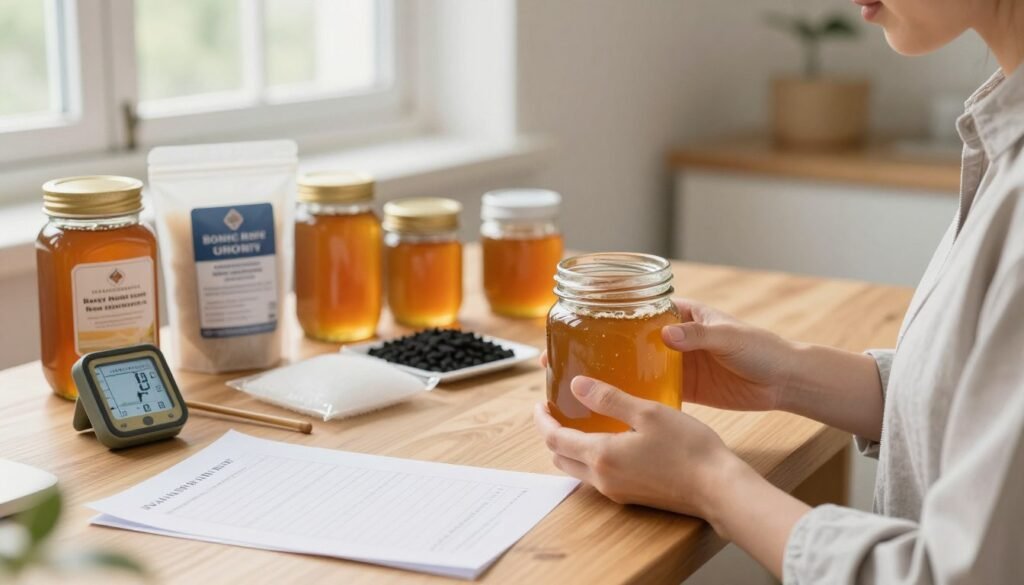 A serene indoor setting focused on managing excess moisture in honey harvests. In the foreground, a person in modest casual clothing examines a clear glass jar filled with honey, looking for moisture content, with tools like a hygrometer and organized notes spread out on a wooden table. The middle ground features an array of easy-to-use moisture-absorbing products such as silica gel and activated charcoal, neatly arranged beside jars of honey. In the background, soft natural light pours through a window, enhancing the warm hues of the honey and wooden surfaces. The overall mood is calm and focused, conveying a sense of professionalism in handling honey quality. The scene is well-composed, shot at eye-level with a shallow depth of field to emphasize the subject matter while maintaining a clean, distraction-free environment.