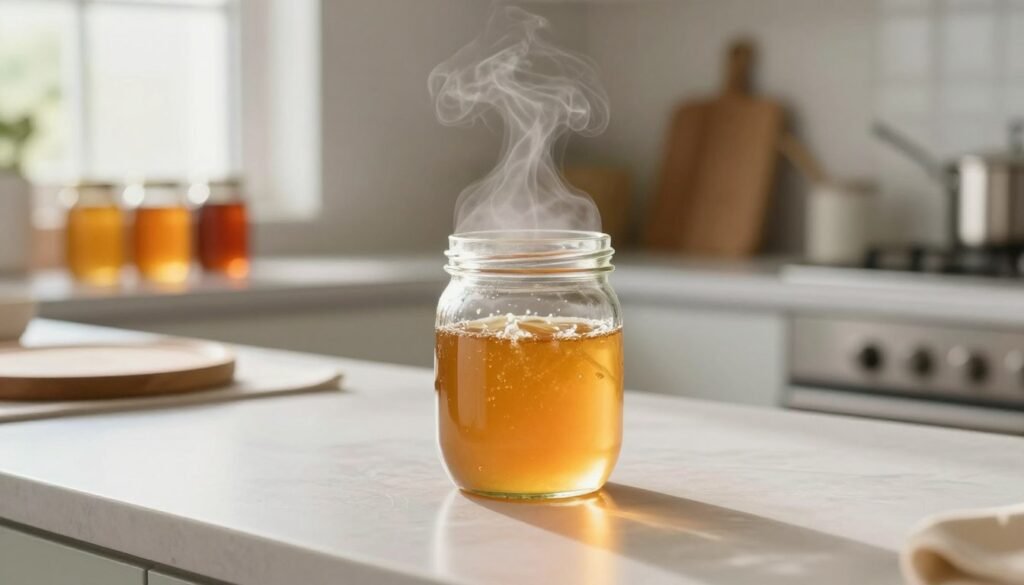 A serene kitchen scene showcasing the water bath technique for liquefying crystallized honey. In the foreground, a clear glass jar of golden honey is partially submerged in a pot of gently simmering water, with steam rising softly around it. The middle ground features a clean, modern kitchen countertop, accented by soft natural light filtering in from a nearby window, highlighting the honey's rich amber color. In the background, shelves stocked with jars of honey and utensils create a cozy, inviting atmosphere. The overall mood is warm and tranquil, emphasizing the simplicity and care involved in the honey liquidization process. A shallow depth of field focuses on the jar, while the soft bokeh effect blurs the background, enhancing the image's calmness and clarity.