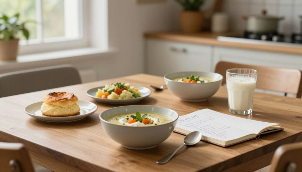 A serene kitchen setting with a soft, natural light filtering through a window, illuminating a wooden dining table. In the foreground, an array of soft diet foods such as creamy soups, mashed vegetables, and yogurt, artfully presented in elegant bowls. A small plate features a delicate, fluffy soufflé and a glass of smoothie sits next to it, all designed to evoke comfort and nourishment. In the middle, a notebook with handwritten guidelines on maintaining a soft diet is casually placed beside a spoon. In the background, a cozy atmosphere is enhanced by houseplants and a softly blurred view of a kitchen counter, emphasizing tranquility and care in meal preparation. The scene conveys a warm, nurturing mood, ideal for promoting a gentle culinary approach. A serene kitchen setting with a soft, natural light filtering through a window, illuminating a wooden dining table. In the foreground, an array of soft diet foods such as creamy soups, mashed vegetables, and yogurt, artfully presented in elegant bowls. A small plate features a delicate, fluffy soufflé and a glass of smoothie sits next to it, all designed to evoke comfort and nourishment. In the middle, a notebook with handwritten guidelines on maintaining a soft diet is casually placed beside a spoon. In the background, a cozy atmosphere is enhanced by houseplants and a softly blurred view of a kitchen counter, emphasizing tranquility and care in meal preparation. The scene conveys a warm, nurturing mood, ideal for promoting a gentle culinary approach.