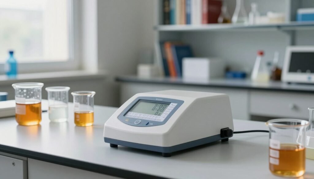 A serene laboratory setting focused on a honey refractometer in the foreground, showcasing the tool with its sleek design and calibrated scale illuminated by soft, diffuse natural lighting. The refractometer rests on a clean, white countertop surrounded by beakers filled with honey and a calibration solution. In the middle background, shelves lined with scientific books and other laboratory equipment add context. A window filters in gentle daylight, casting soft shadows. The atmosphere is informative yet calming, instilling a sense of precision and care in the calibration process. The image captures the essence of scientific accuracy, perfect for illustrating the importance of determining calibration intervals for a honey refractometer.