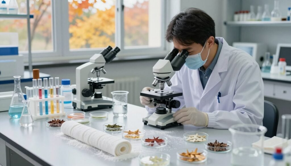 A serene laboratory setting showcasing a variety of seasonal elements related to testing methods for mite reduction. In the foreground, a neatly arranged workbench displays powdered sugar rolls, surrounded by lab equipment like beakers and petri dishes, all glistening with light. The middle ground features a researcher in professional attire, carefully observing seasonal samples through a microscope, their expression focused and analytical. In the background, large windows reveal a bright autumn day with colorful leaves, suggesting the importance of seasonal variations in testing. Soft, diffused lighting bathes the scene, creating a calm and professional atmosphere. Capture an overhead angle to emphasize the meticulous arrangement of testing materials and the seasonal backdrop. The mood is serious yet hopeful, reflecting the importance of precision in scientific research.