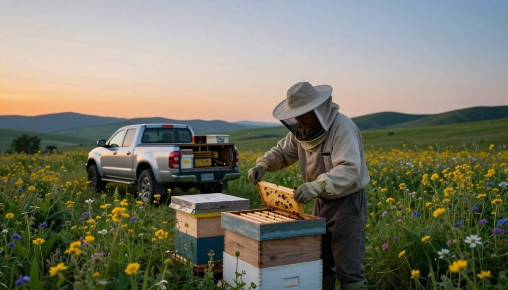 A serene landscape depicting a migratory beekeeping scene at dusk. In the foreground, a professional beekeeper in modest casual clothing adjusts beehive frames, surrounded by vibrant wildflowers and lush green forage. The middle ground shows a pickup truck parked nearby, loaded with beekeeping equipment and buzzing bees, symbolizing travel schedules. The background features rolling hills and a soft gradient sky transitioning from warm orange to cool blue, capturing the tranquil atmosphere of nature's balance. The lighting is soft and diffused, reminiscent of the golden hour, enhancing the harmony between natural forage and the beekeeper's work. Focused on the beekeeper and the vibrant flora, the image conveys a sense of responsibility and connection with nature.
