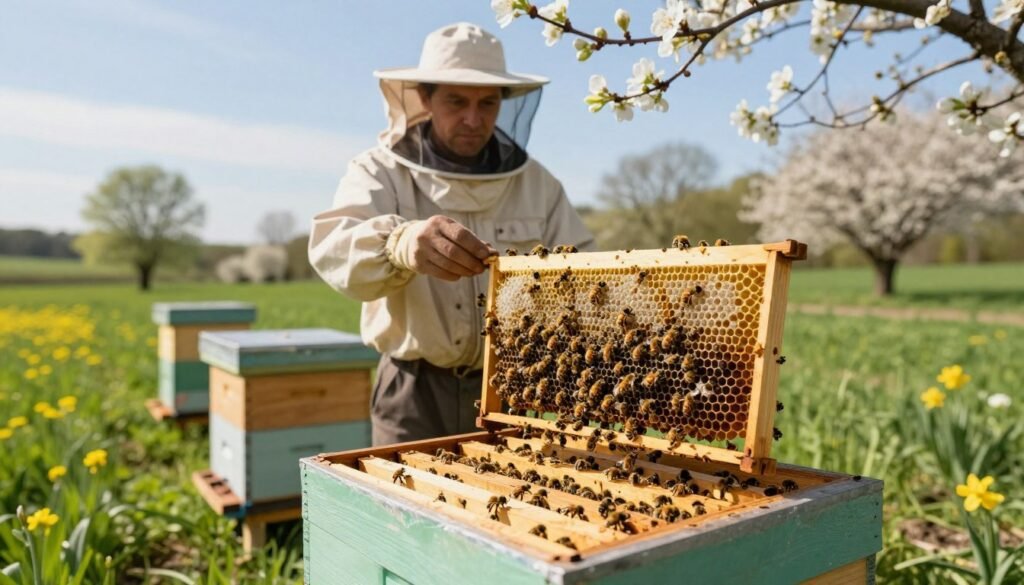 A serene landscape depicting early spring with vibrant green fields and blooming flowers, showcasing a beekeeper in professional attire carefully monitoring a bee colony. The foreground features a close-up of detailed beehives, with bees actively coming in and out, illustrating their busyness in preparation for the warmer months. In the middle ground, the beekeeper observes the hives with a focused expression, holding a frame of honeycomb to examine the bees' progress. The background displays a clear blue sky and budding trees, embodying the renewal of spring. Soft, natural lighting enhances the freshness of the scene, with a gentle afternoon sun casting elongated shadows, capturing the essence of growth and monitoring in bee development. The atmosphere feels hopeful and vibrant, reflecting the importance of nurturing the colony's strength.