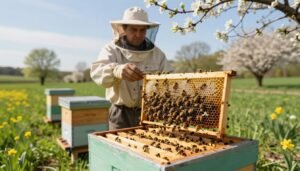 A serene landscape depicting early spring with vibrant green fields and blooming flowers, showcasing a beekeeper in