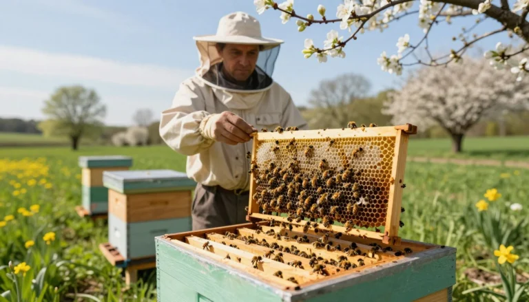 A serene landscape depicting early spring with vibrant green fields and blooming flowers, showcasing a beekeeper in